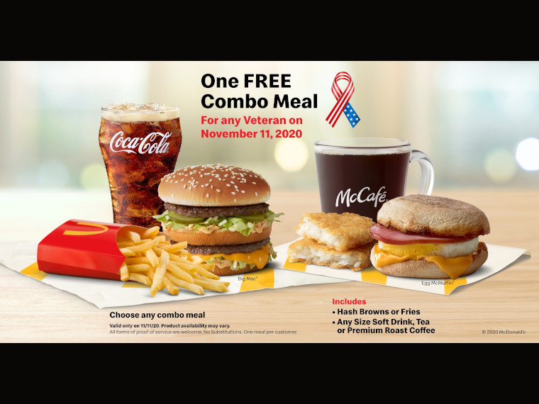 Participating McDonald’s offering free combo meals for veterans on